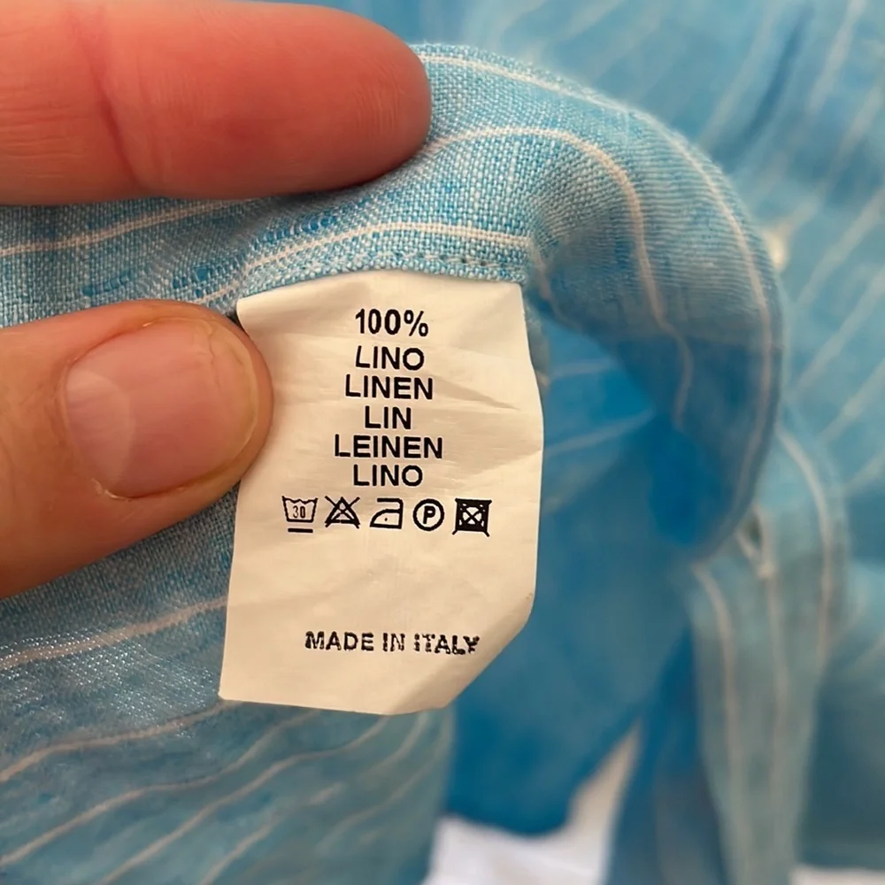 XACUS | 100% Linen Made in Italy Blue Stripe Button Down Resort Shirt 15 3/4 40 - Picture 8 of 9